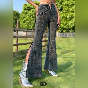 3/16 Shein Tie Back Split Hem Metallic Flare Pants